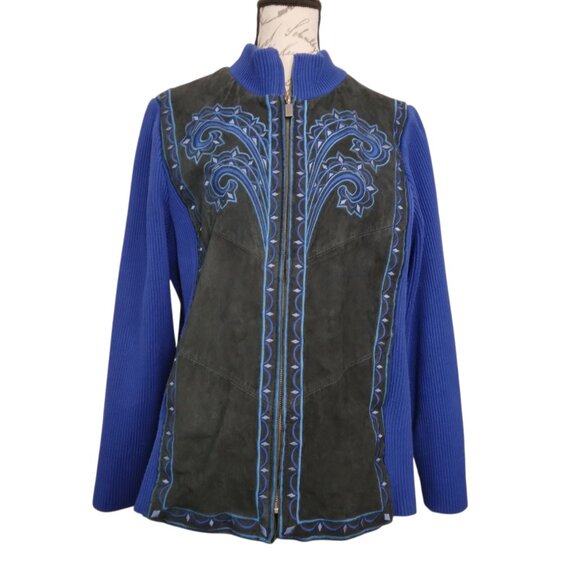 Bob Mackie | Embroidered Suede & Sweater Knit Front Zip Jacket Black Blue| Sz L - Picture 1 of 8